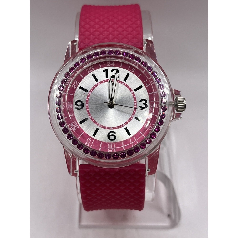 Women's Quartz Watch Clear Case Pink Band Rhinestones 37mm Case- New Battery